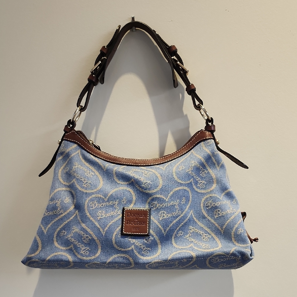 Dooney & Bourke Denim Blue and Brown Leather Heart Pattern Shoulder Bag